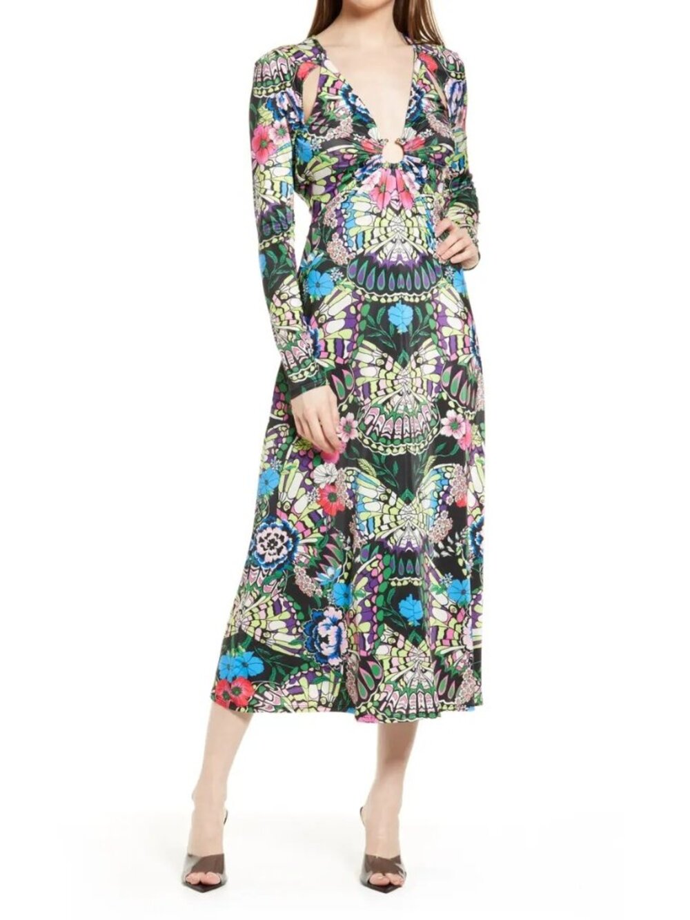 AFRM Meena Butterfly Floral Deep V Neck Long Sleeve Open Back Midi Dress Medium